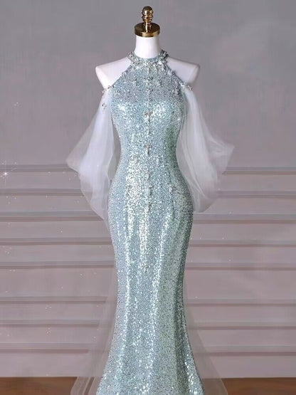 Robe de bal longue verte à paillettes style sirène J2950