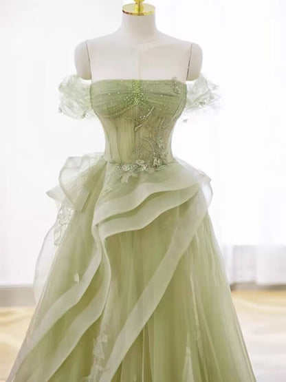 Robe de bal bustier en tulle vert, coupe trapèze, tenue de fête d'anniversaire, J2972