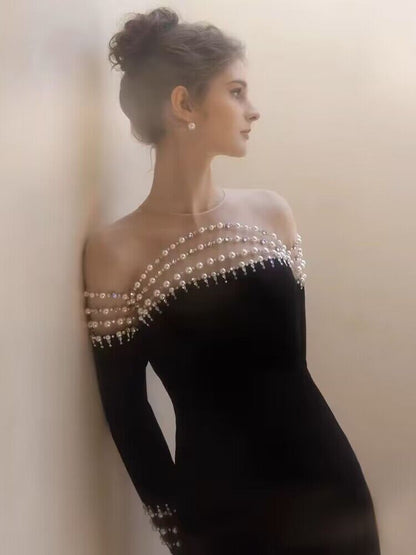 Robe de bal longue sirène élégante en velours noir J2966