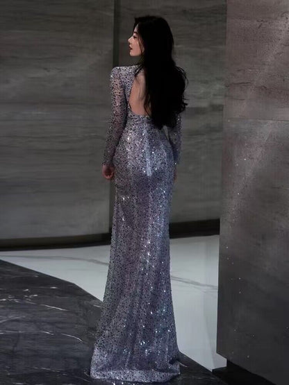 Robe de bal longue à manches longues et paillettes style sirène avec fente J2956