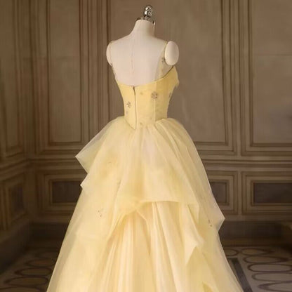 Robe de soirée longue jaune en tulle coupe trapèze J2975