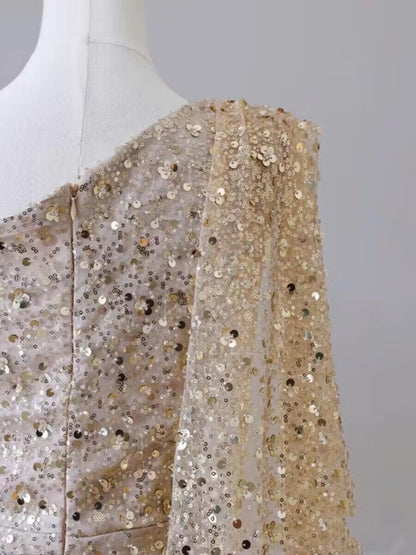 One Shoulder Champagne Mermaid Sequin Long Prom Dress J2968
