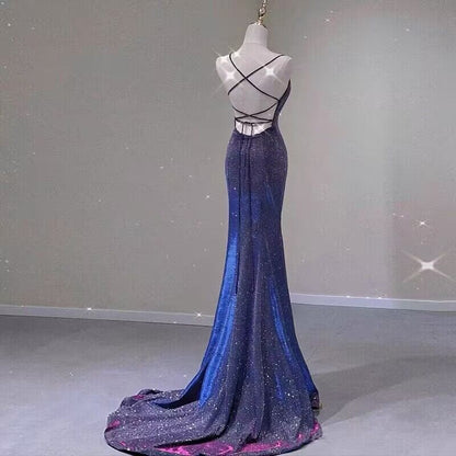 Robe de soirée longue sirène brillante à col en V et dos nu J2959