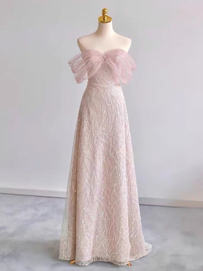 Robe de bal longue trapèze rose à épaules dénudées et sequins J2977