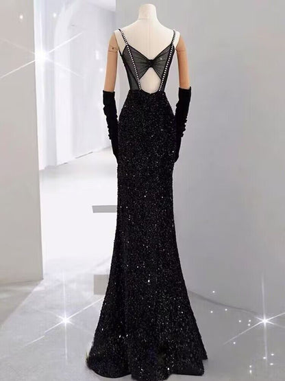 Robe de bal longue sirène noire à paillettes J2961