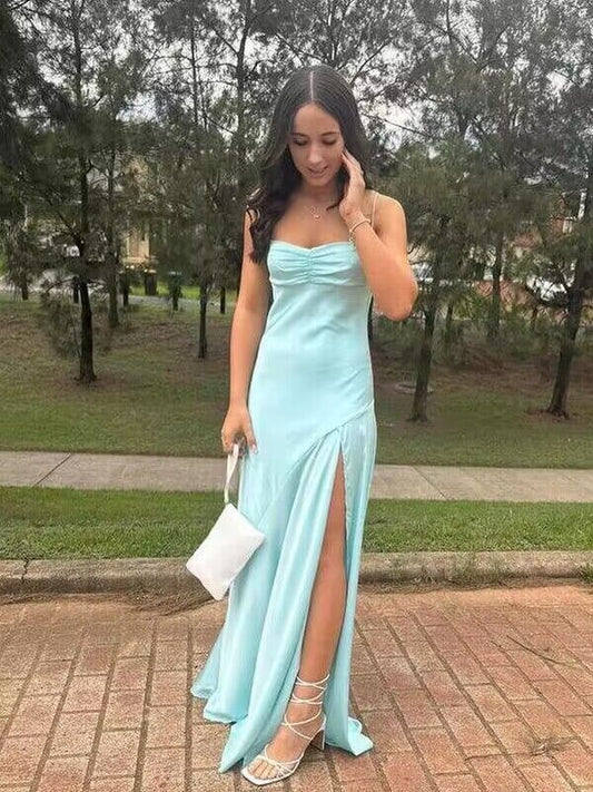 Tiffany Blue A Line Satin Formal Party Dress With Slit Long Prom Dress J2933