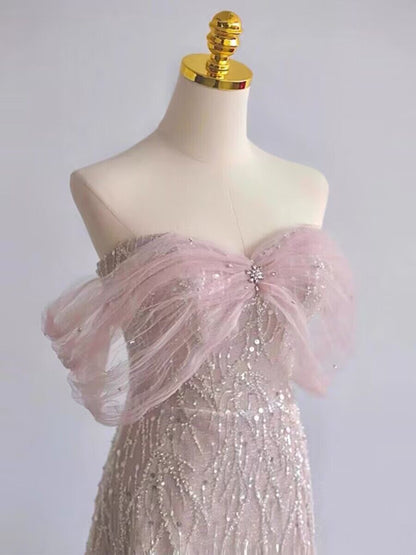 Robe de bal longue trapèze rose à épaules dénudées et sequins J2977