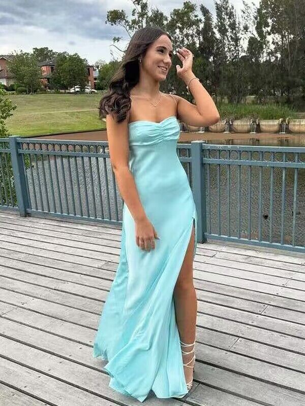 Tiffany Blue A Line Satin Formal Party Dress With Slit Long Prom Dress J2933