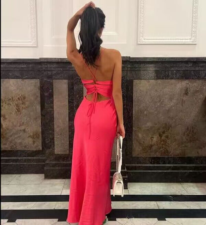 V Neck Hot Pink Sheath Long Prom Dress J2940