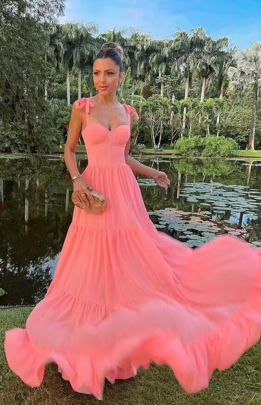 A Line Peach Chiffon Long Prom Dress J2942