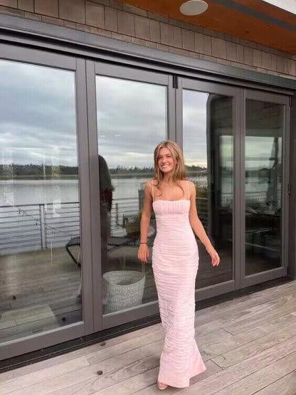 Spaghetti Straps Pink Sheath Long Prom Dress Party Gown J2943