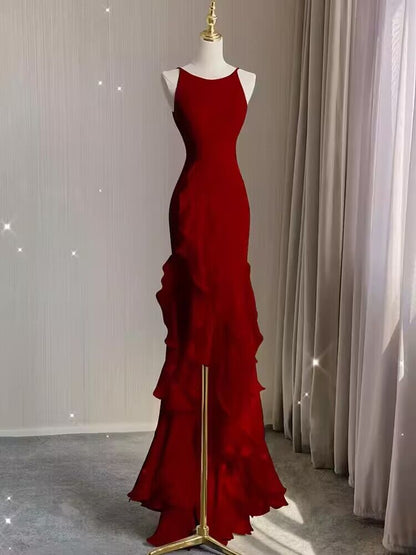 Robe de bal longue élégante à volants style sirène bordeaux J2945