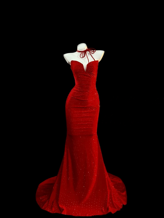 Red Mermaid Formal Prom Dress Open Back Sexy Evening Gowns  J10106