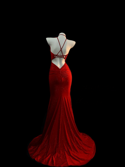 Red Mermaid Formal Prom Dress Open Back Sexy Evening Gowns  J10106