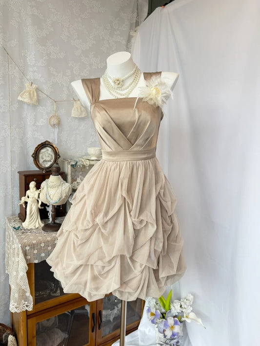 Trägerloses silbernes Vintage-Abendkleid, A-Linie, Geburtstagskleid J9370
