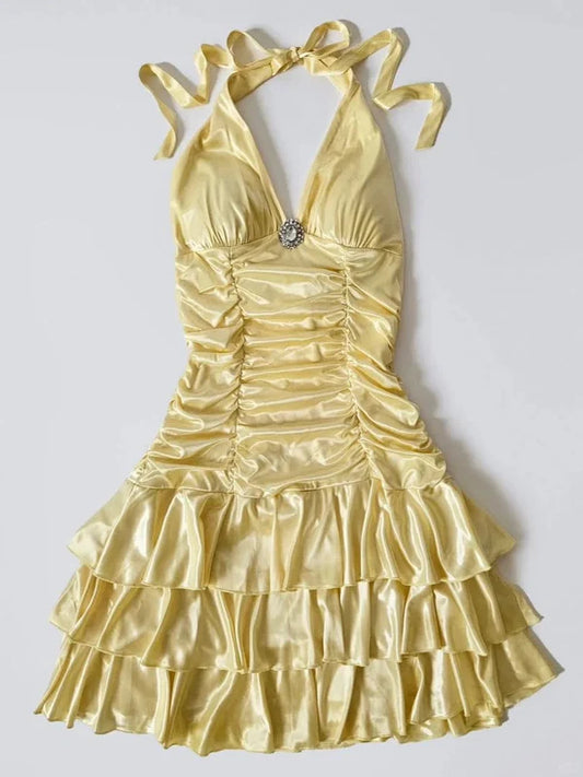 Retro Halter Yellow A-Line Satin Short Homecoming Dress  J10358