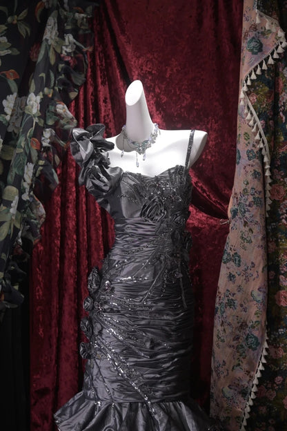 Trägerloses silbernes Vintage-Abendkleid, A-Linie, Geburtstagskleid J9370