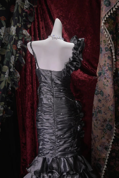 Trägerloses silbernes Vintage-Abendkleid, A-Linie, Geburtstagskleid J9370