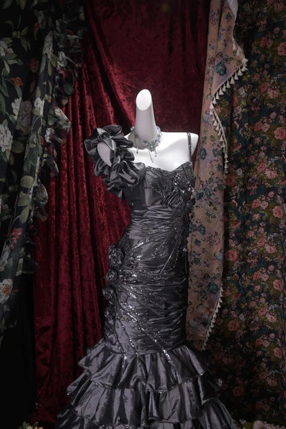 Trägerloses silbernes Vintage-Abendkleid, A-Linie, Geburtstagskleid J9370