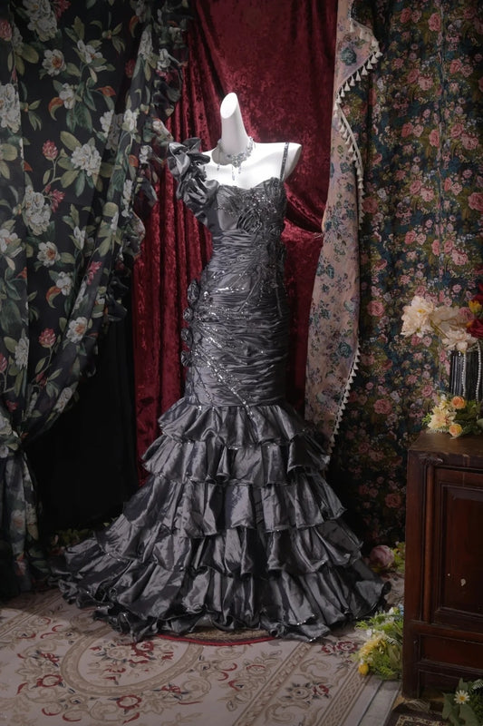 Trägerloses silbernes Vintage-Abendkleid, A-Linie, Geburtstagskleid J9370