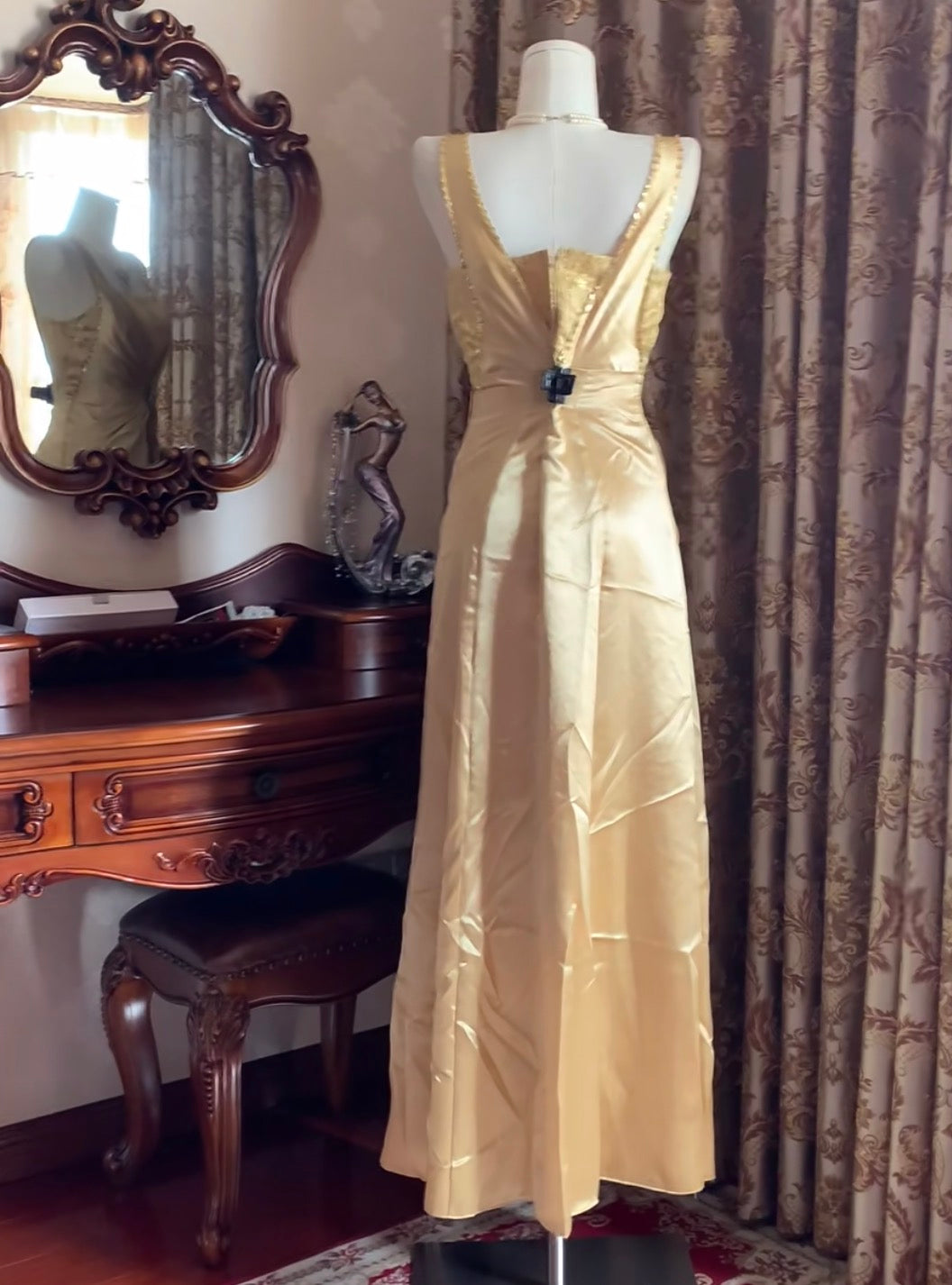 Retro Yellow Satin Prom Dress Lace Formal Evening Dress J10247