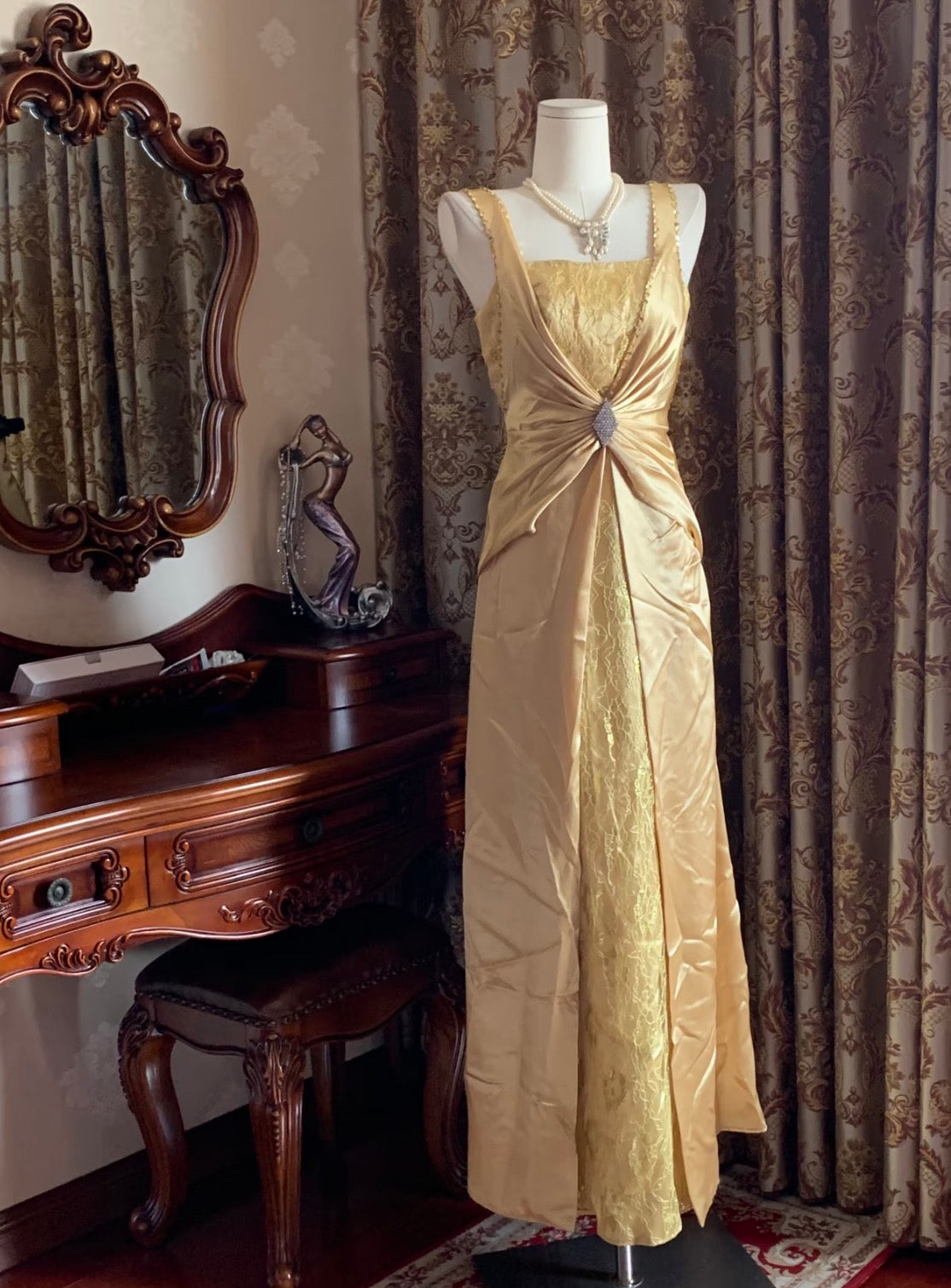 Retro Yellow Satin Prom Dress Lace Formal Evening Dress J10247