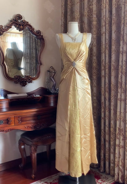 Retro Yellow Satin Prom Dress Lace Formal Evening Dress J10247