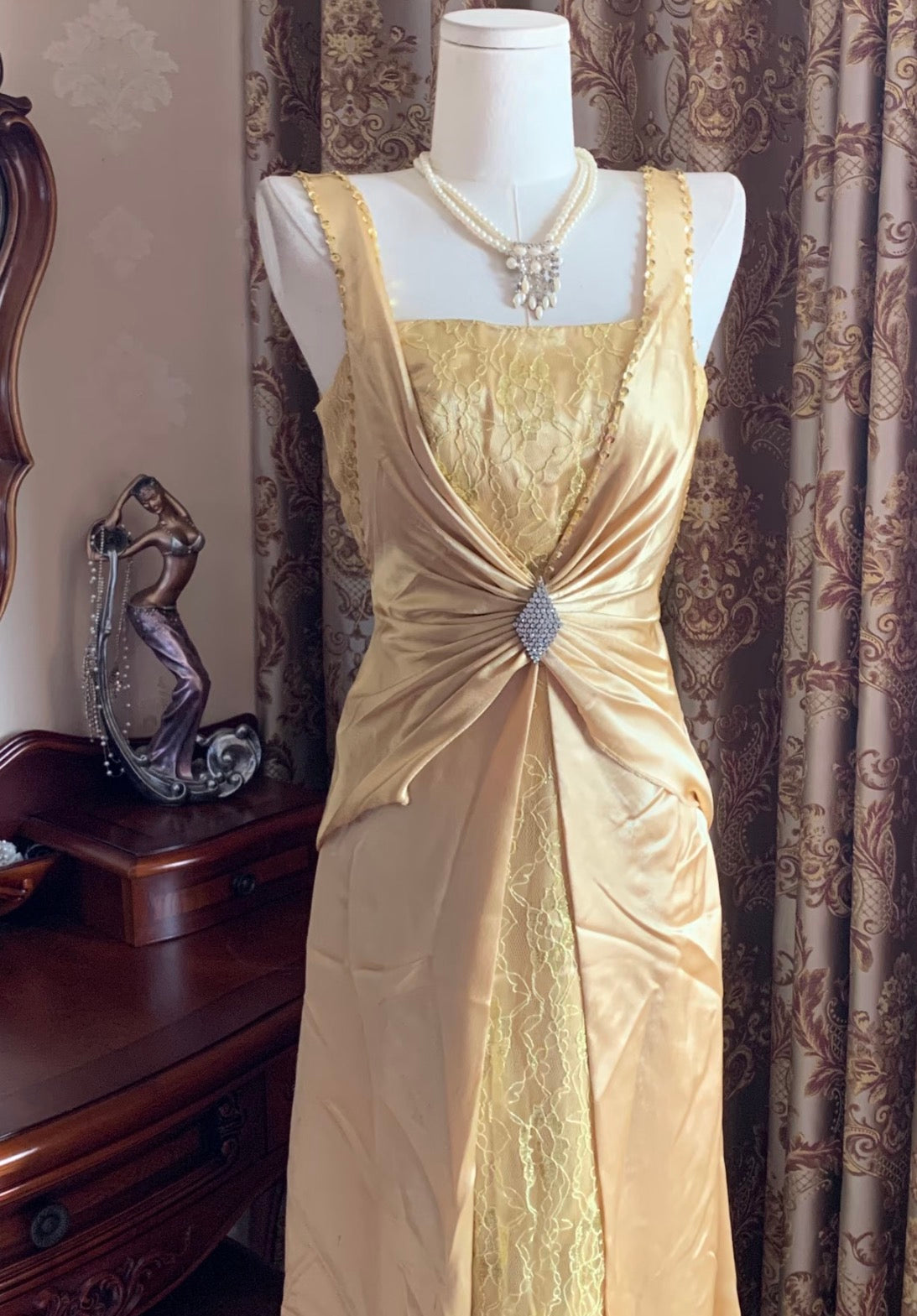 Retro Yellow Satin Prom Dress Lace Formal Evening Dress J10247