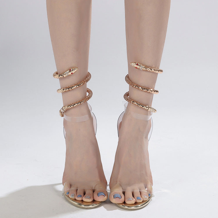 Rose Gold Crystal Snake Coil Transparent Strap High Heel Sandals   H5