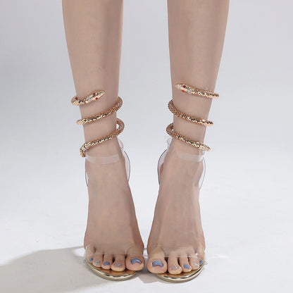 Rose Gold Crystal Snake Coil Transparent Strap High Heel Sandals   H5