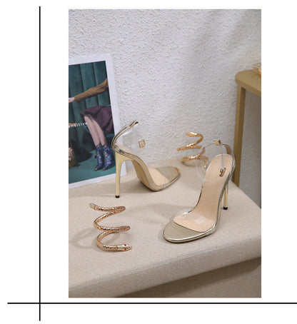Rose Gold Crystal Snake Coil Transparent Strap High Heel Sandals   H5