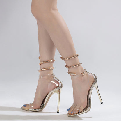 Rose Gold Crystal Snake Coil Transparent Strap High Heel Sandals   H5