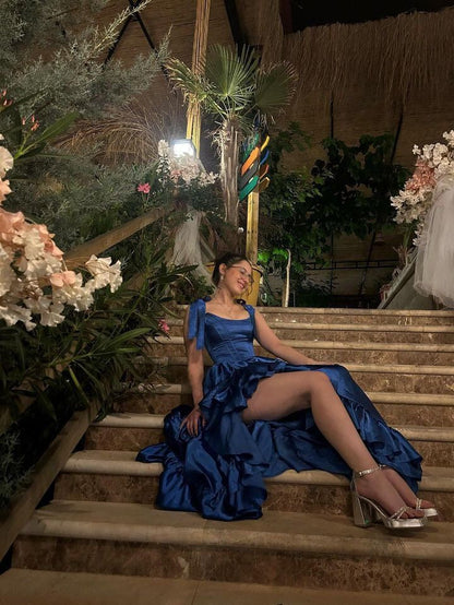 Royal Blue A Line Ruffled Satin Prom Dress With Slit  J10361