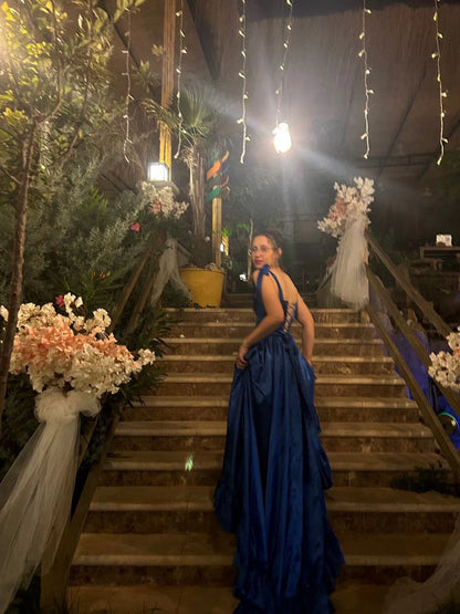 Royal Blue A Line Ruffled Satin Prom Dress With Slit  J10361