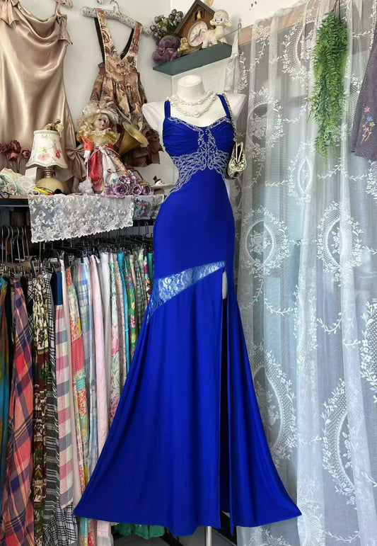 Royal Blue Mermaid Retro Prom Dress Beaded Birthday Dress  J10846