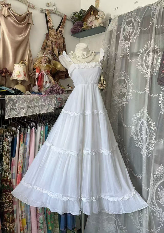 Ruffled A Line White Graduation Dress Chiffon Birthday Dress  J10920