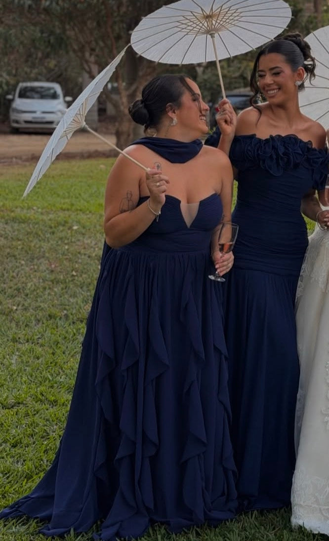Ruffled Off The Shoulder Formal Wedding Guest Dress Navy Blue Chiffon Dress  J12224