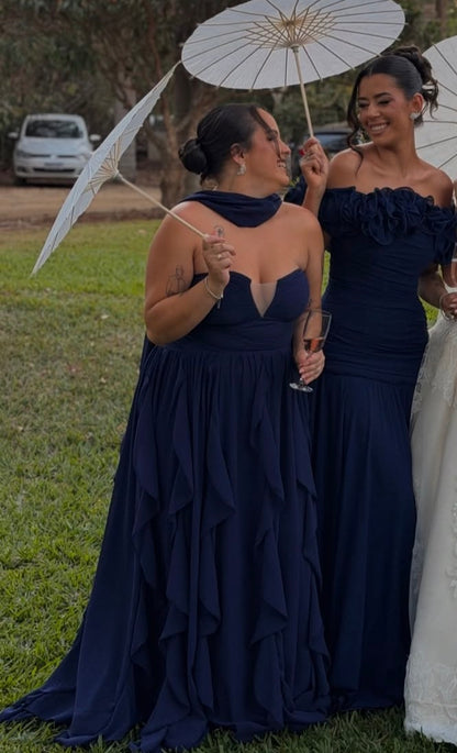 Ruffled Off The Shoulder Formal Wedding Guest Dress Navy Blue Chiffon Dress  J12224