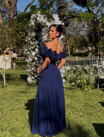 Ruffled Off The Shoulder Formal Wedding Guest Dress Navy Blue Chiffon Dress  J12224