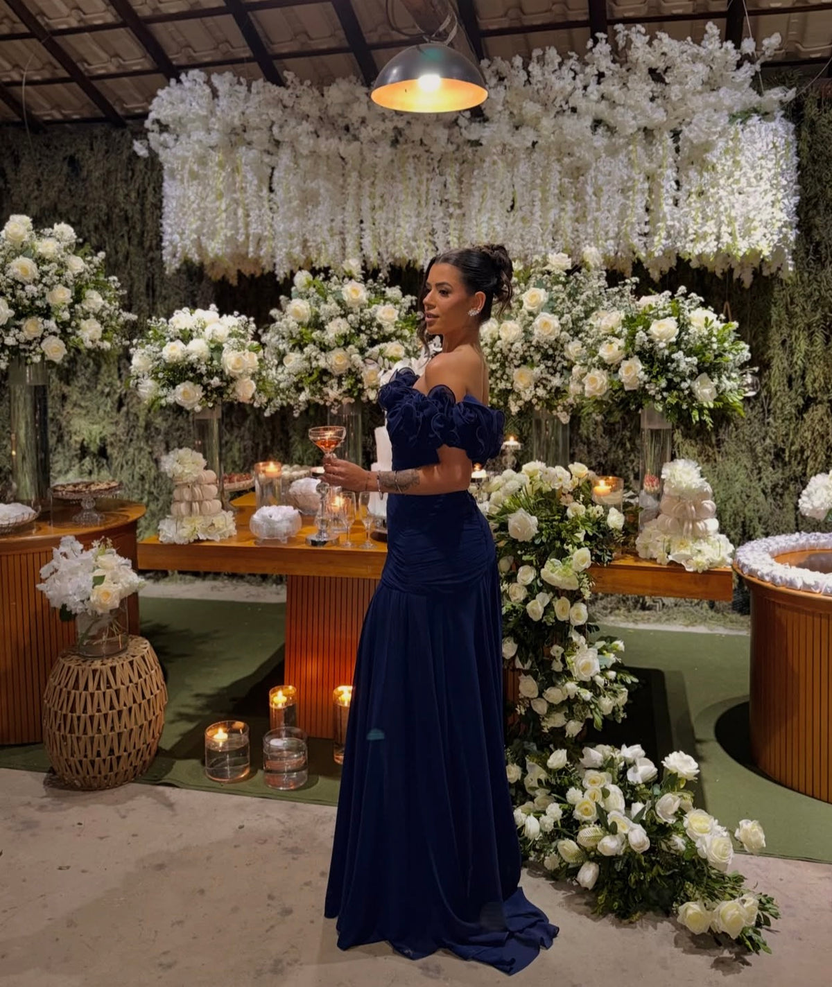 Ruffled Off The Shoulder Formal Wedding Guest Dress Navy Blue Chiffon Dress  J12224