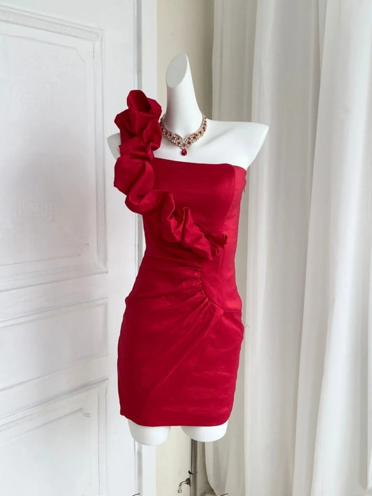 Ruffled One Shoulder Sheath Red Homecoming Dress  J10891