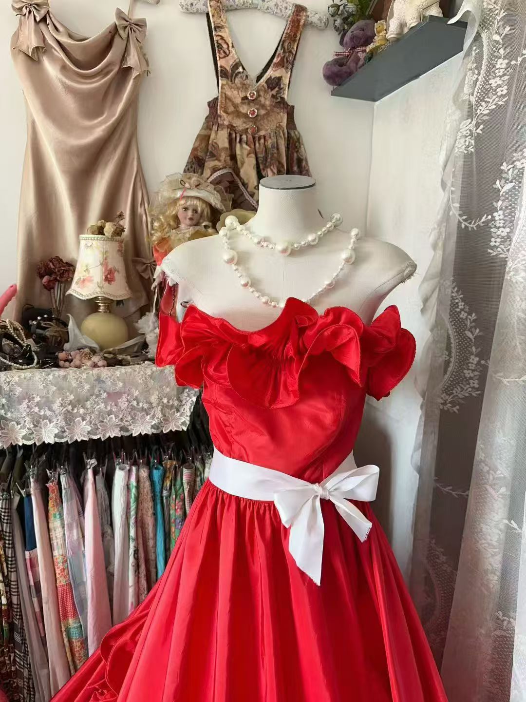 Ruffled Red A Line Prom Dress Formal Wedding Guest Dress  J10522