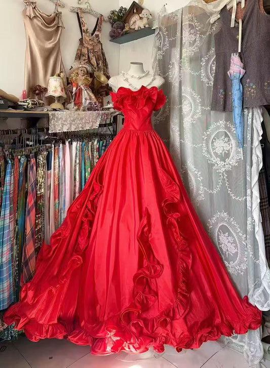 Ruffled Red A Line Prom Dress Formal Wedding Guest Dress  J10522