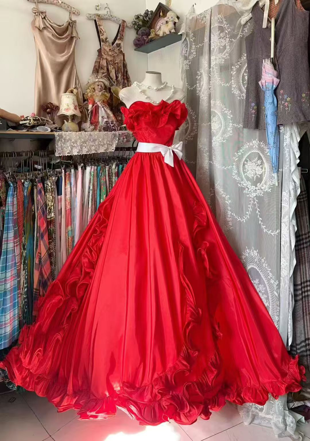 Ruffled Red A Line Prom Dress Formal Wedding Guest Dress  J10522