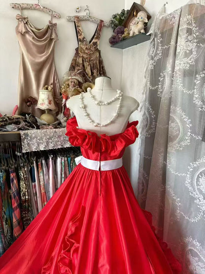 Ruffled Red A Line Prom Dress Formal Wedding Guest Dress  J10522