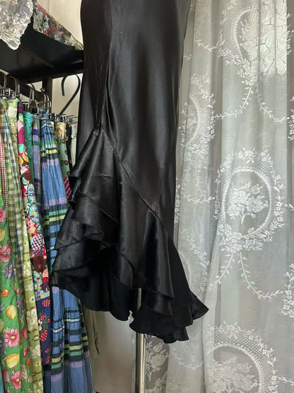 Ruffled Satin Mermaid Evening Dress Black Birthday Dress  J10546