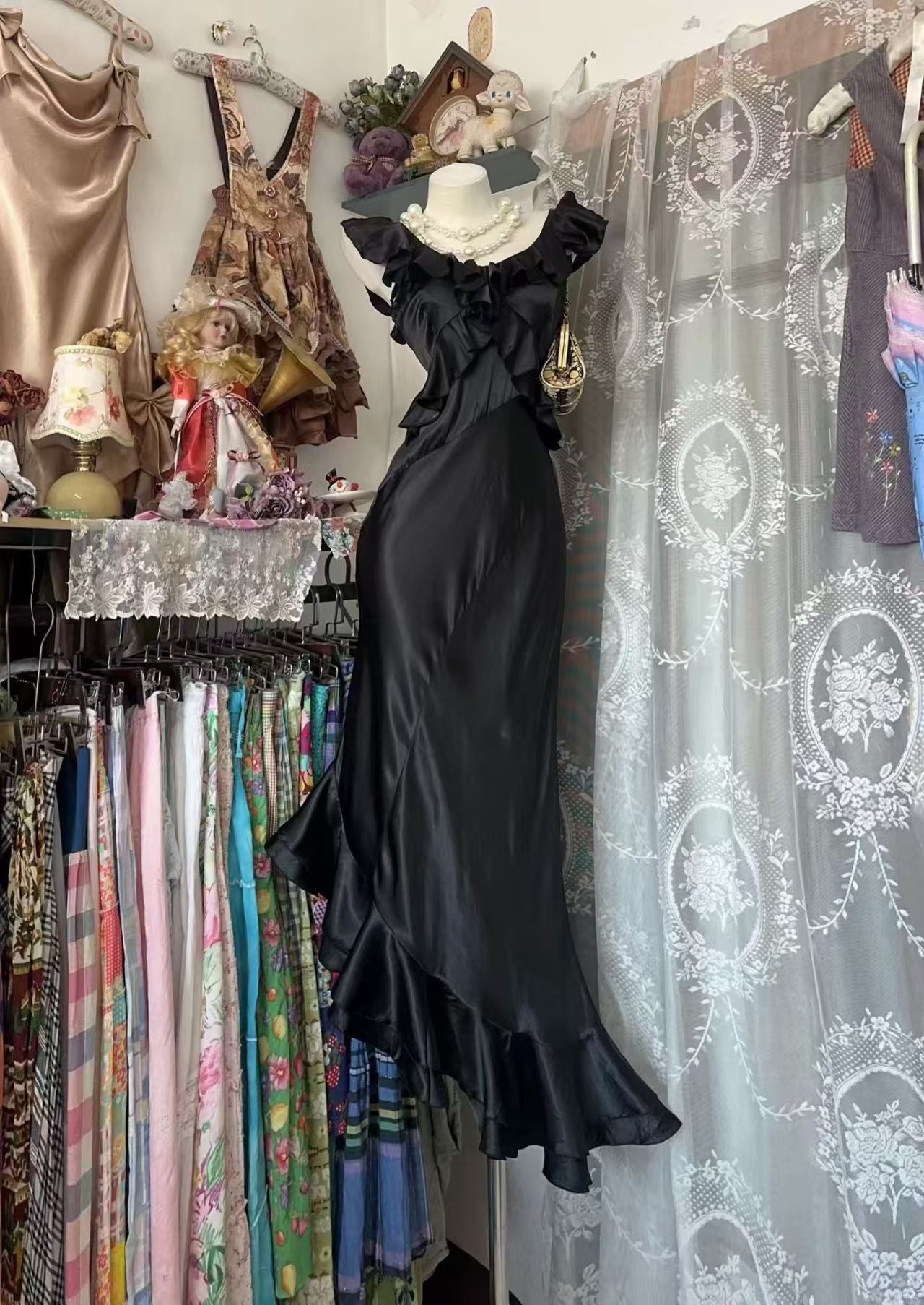 Ruffled Satin Mermaid Evening Dress Black Birthday Dress  J10546