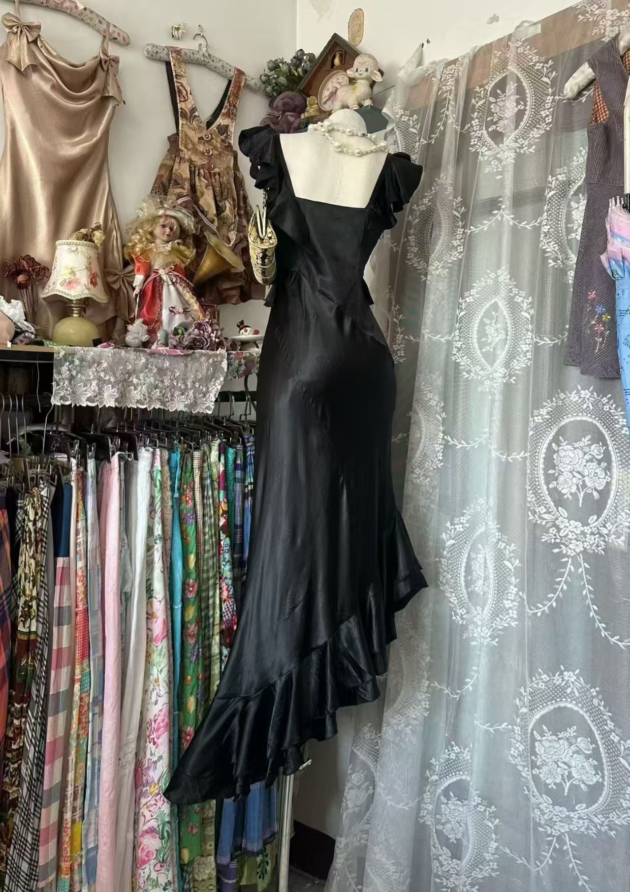 Ruffled Satin Mermaid Evening Dress Black Birthday Dress  J10546