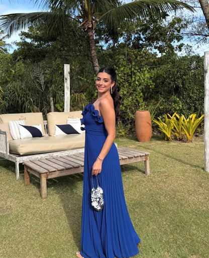 Ruffled Strapless Blue Wedding Guest Dress Pleated Formal Dress J12012