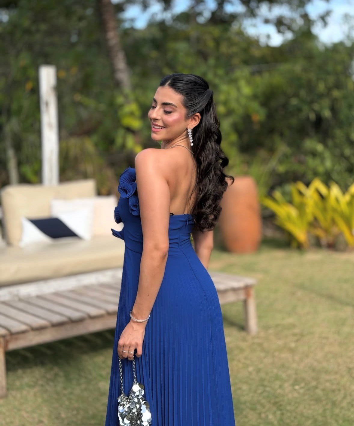 Ruffled Strapless Blue Wedding Guest Dress Pleated Formal Dress J12012